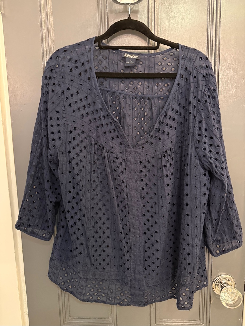 Lucky Brand Navy Eyelet V-Neck Top